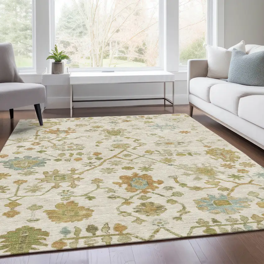Ivory And Gold Floral Washable Indoor Outdoor Area Rug Photo 7