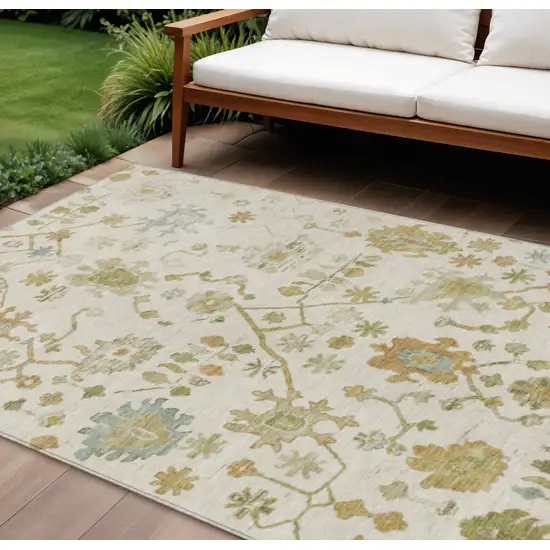 Ivory And Gold Floral Washable Indoor Outdoor Area Rug Photo 2