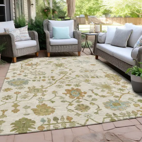Ivory And Gold Floral Washable Indoor Outdoor Area Rug Photo 5