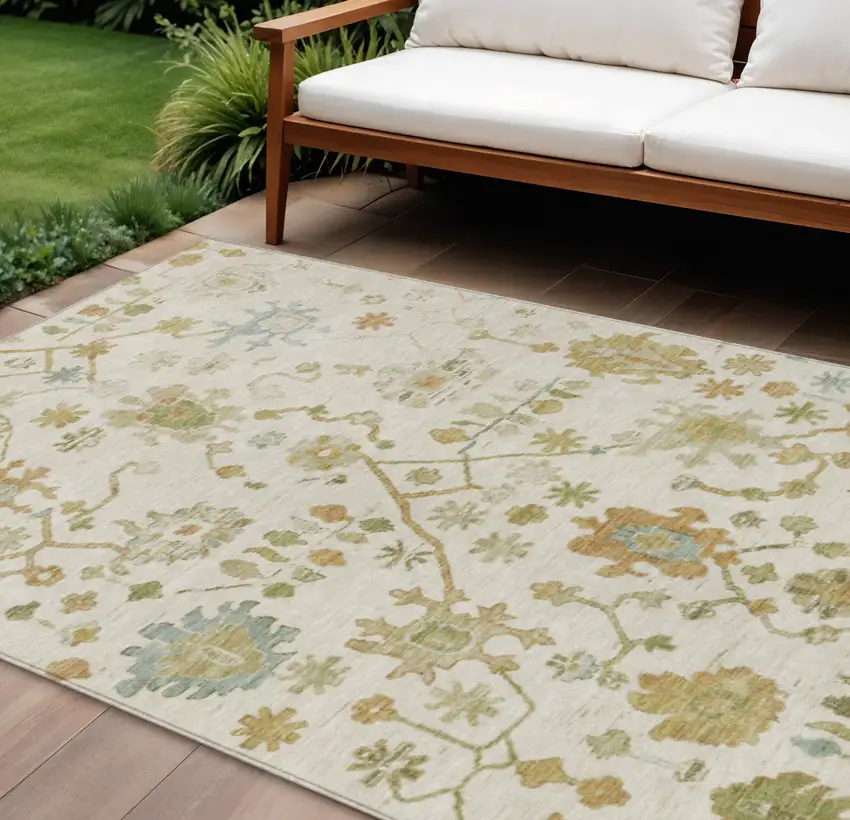 Ivory And Gold Floral Washable Indoor Outdoor Area Rug Photo 2