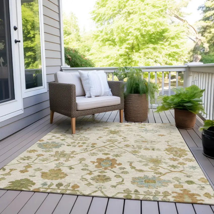 Ivory And Gold Floral Washable Indoor Outdoor Area Rug Photo 8