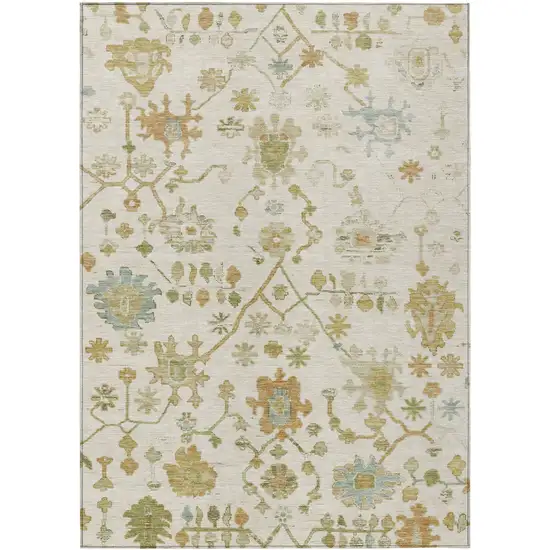 Ivory And Gold Floral Washable Indoor Outdoor Area Rug Photo 1