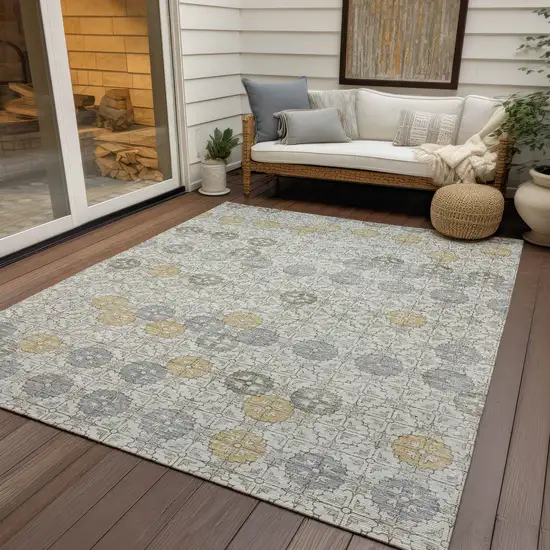 Ivory And Gold Geometric Washable Indoor Outdoor Area Rug Photo 5