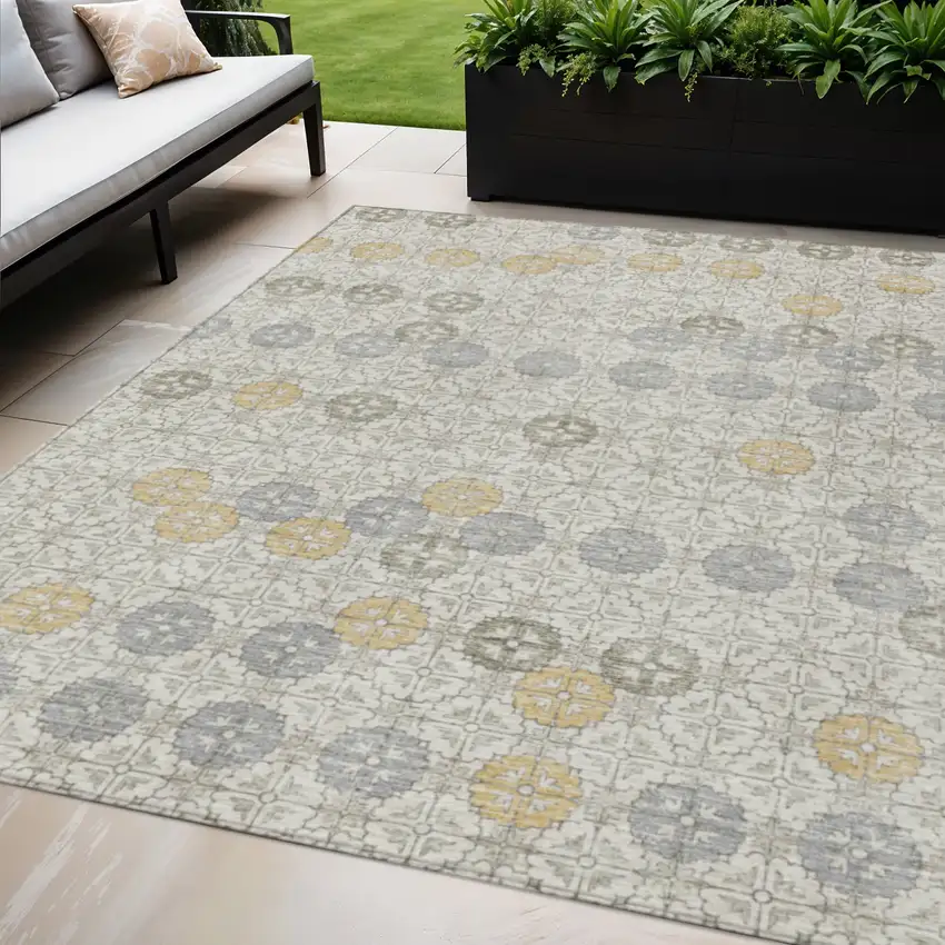 Ivory And Gold Geometric Washable Indoor Outdoor Area Rug Photo 2