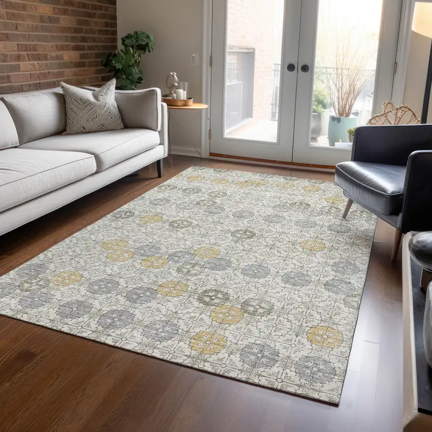 Ivory And Gold Geometric Washable Indoor Outdoor Area Rug Photo 6