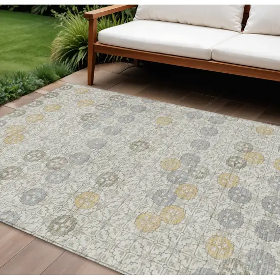 Ivory And Gold Geometric Washable Indoor Outdoor Area Rug Photo 2