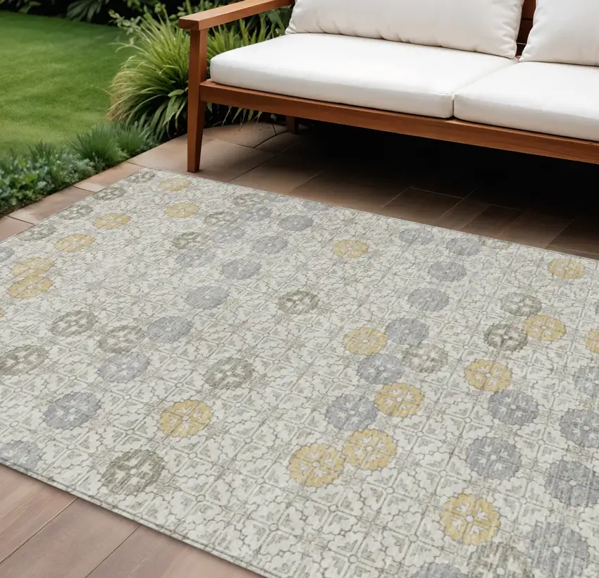 Ivory And Gold Geometric Washable Indoor Outdoor Area Rug Photo 2