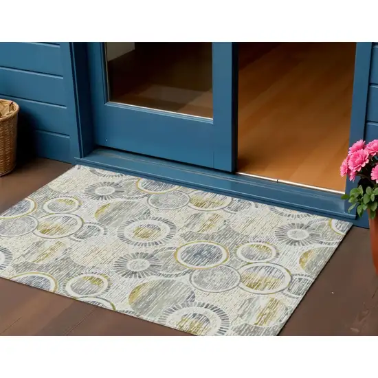 Ivory And Gold Geometric Washable Indoor Outdoor Area Rug Photo 2
