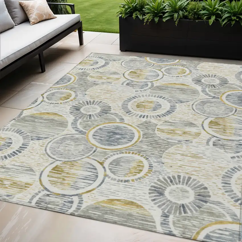 Ivory And Gold Geometric Washable Indoor Outdoor Area Rug Photo 2