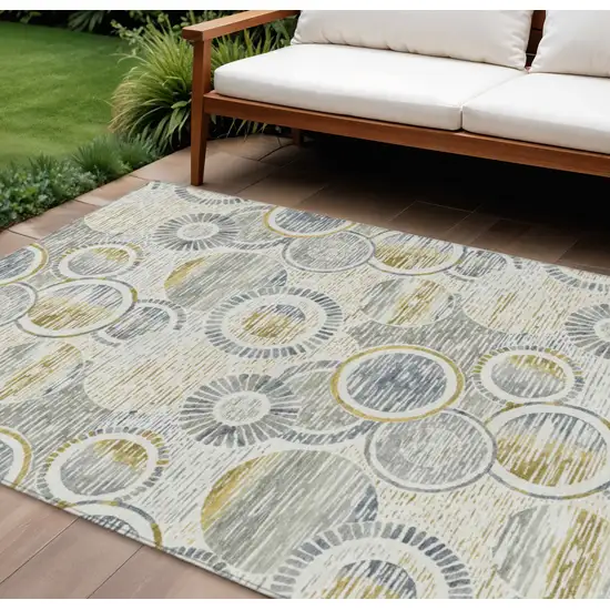 Ivory And Gold Geometric Washable Indoor Outdoor Area Rug Photo 2