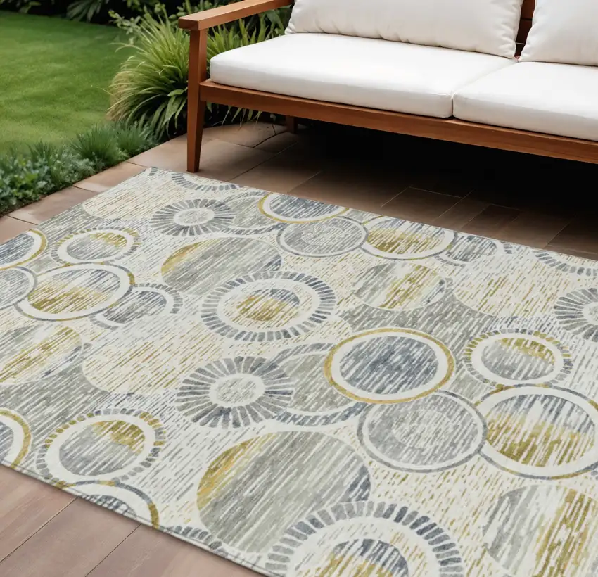 Ivory And Gold Geometric Washable Indoor Outdoor Area Rug Photo 2