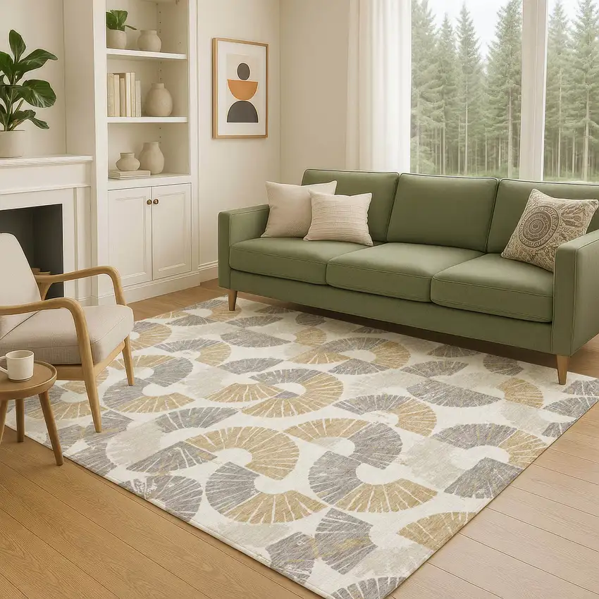 Ivory And Gold Geometric Washable Indoor Outdoor Area Rug Photo 5