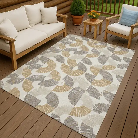 Ivory And Gold Geometric Washable Indoor Outdoor Area Rug Photo 4