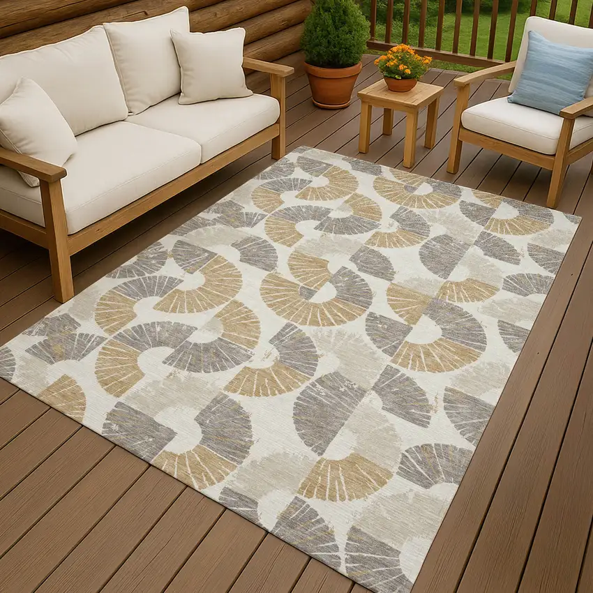 Ivory And Gold Geometric Washable Indoor Outdoor Area Rug Photo 4