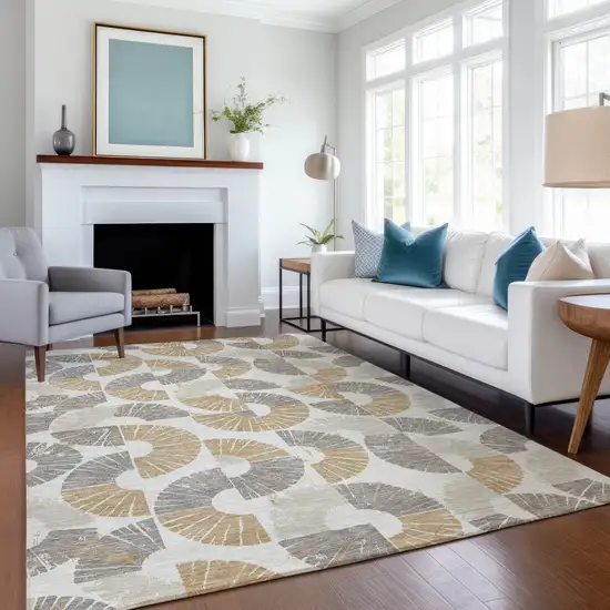 Ivory And Gold Geometric Washable Indoor Outdoor Area Rug Photo 6