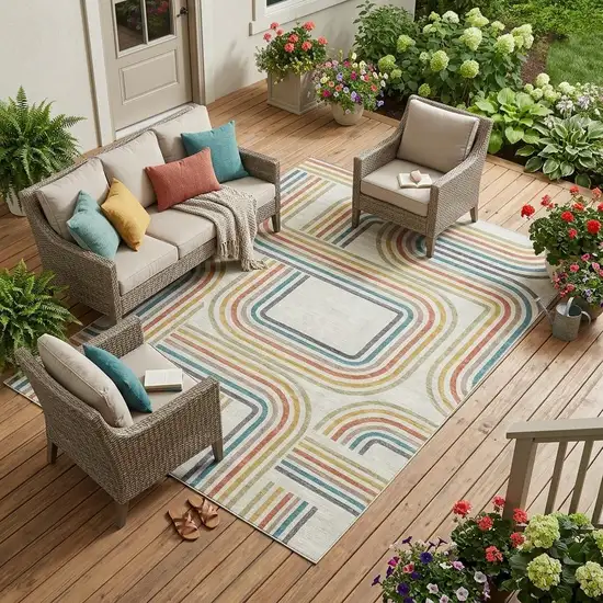 Ivory And Gold Geometric Washable Indoor Outdoor Area Rug Photo 1