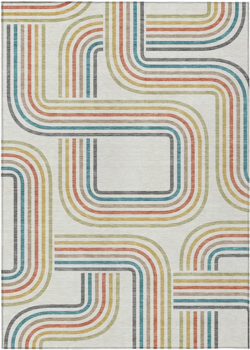 Ivory And Gold Geometric Washable Indoor Outdoor Area Rug Photo 2