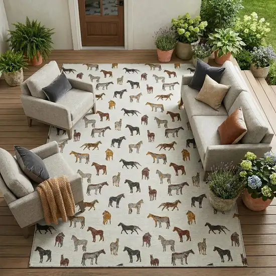 Ivory And Gold Horse Washable Indoor Outdoor Area Rug Photo 1