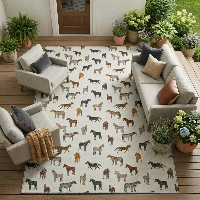 Ivory And Gold Horse Washable Indoor Outdoor Area Rug Photo 1
