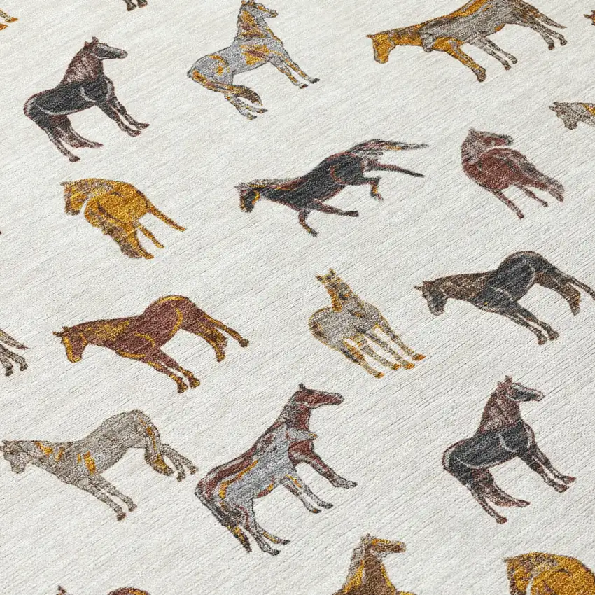 Ivory And Gold Horse Washable Indoor Outdoor Area Rug Photo 6