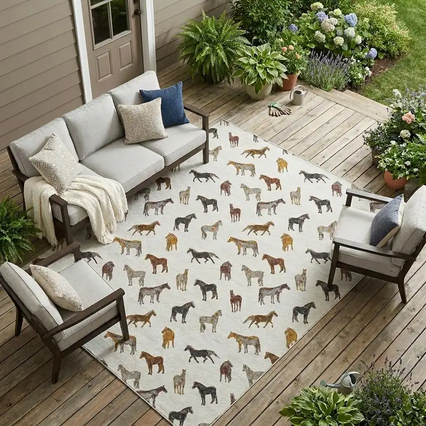 Ivory And Gold Horse Washable Indoor Outdoor Area Rug Photo 1