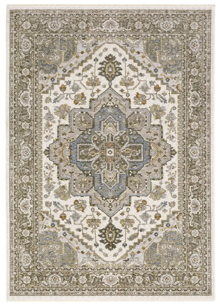 Ivory And Gold Medallion Distressed Area Rug With Fringe Photo 6