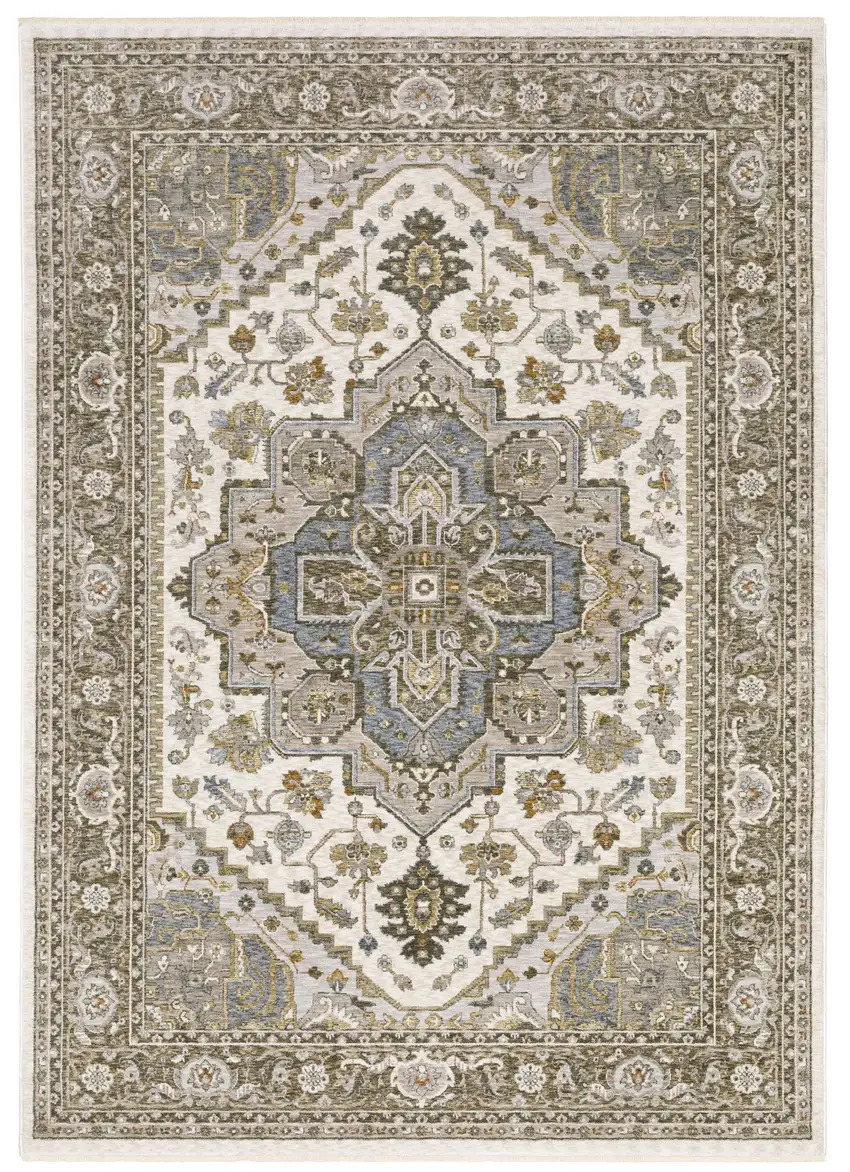 Ivory And Gold Medallion Distressed Area Rug With Fringe Photo 2