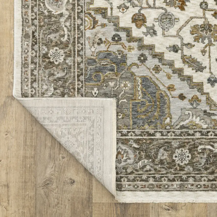 Ivory And Gold Medallion Distressed Area Rug With Fringe Photo 9