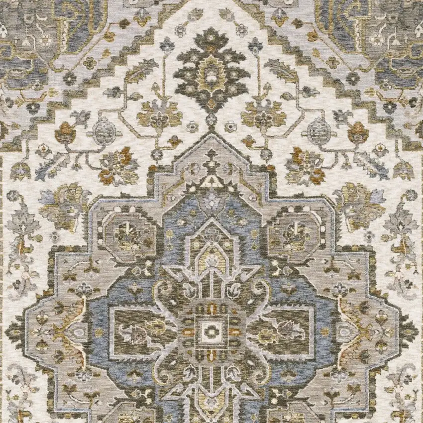 Ivory And Gold Medallion Distressed Area Rug With Fringe Photo 6