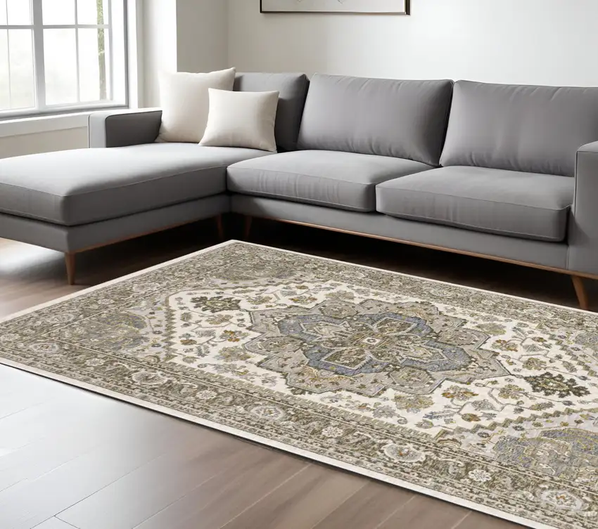 Ivory And Gold Medallion Distressed Area Rug With Fringe Photo 1