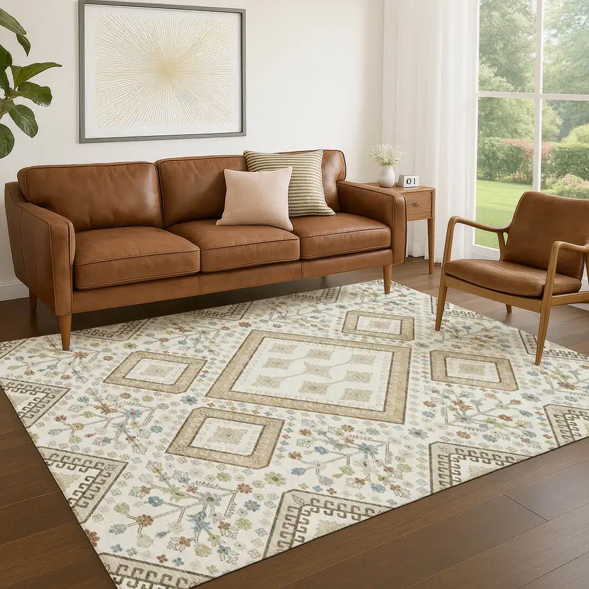 Ivory And Gold Medallion Washable Indoor Outdoor Area Rug Photo 5