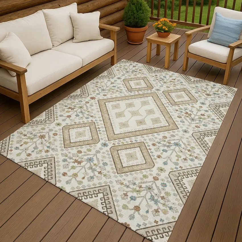 Ivory And Gold Medallion Washable Indoor Outdoor Area Rug Photo 4