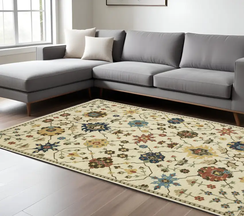 Ivory And Gold Oriental Area Rug With Fringe Photo 1