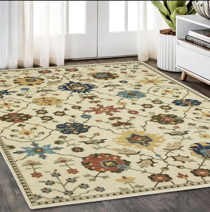 Ivory And Gold Oriental Area Rug With Fringe Photo 1