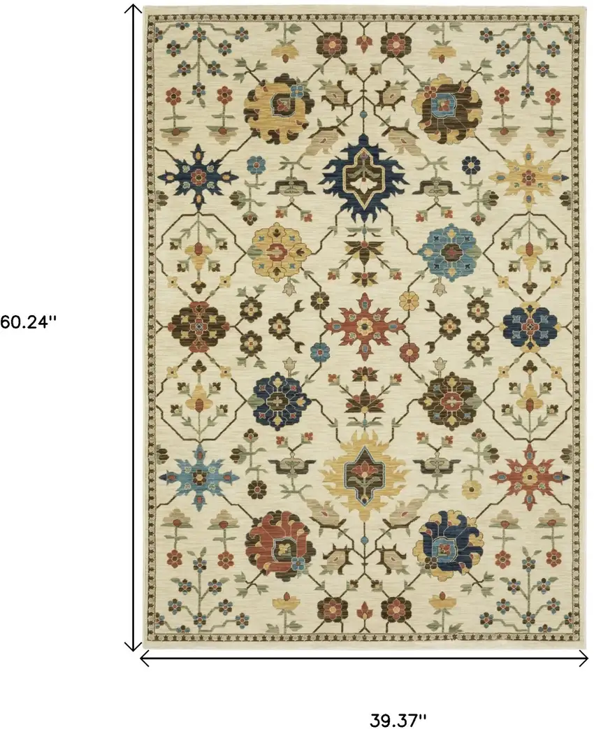 Ivory And Gold Oriental Area Rug With Fringe Photo 3