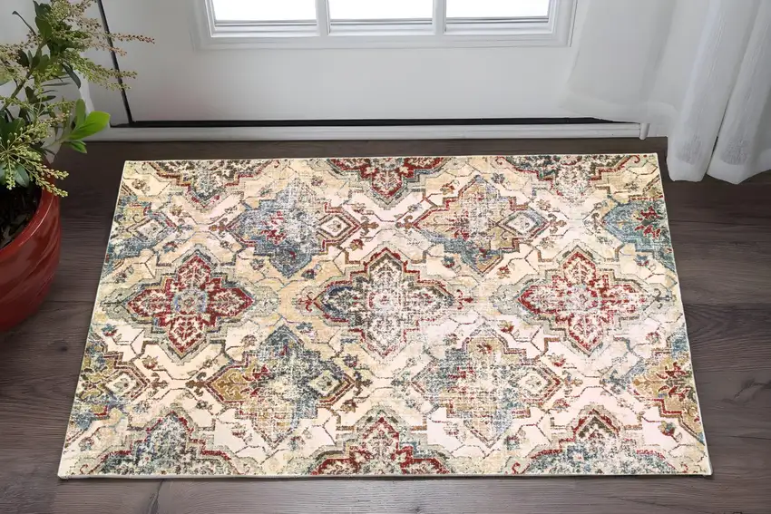 Ivory And Gold Oriental Distressed Area Rug Photo 1