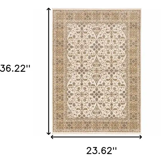 Ivory And Gold Oriental Power Loom Stain Resistant Area Rug With Fringe Photo 3