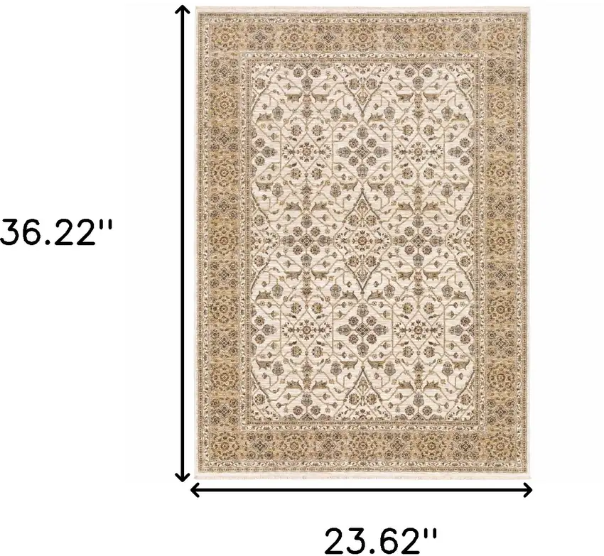 Ivory And Gold Oriental Power Loom Stain Resistant Area Rug With Fringe Photo 3