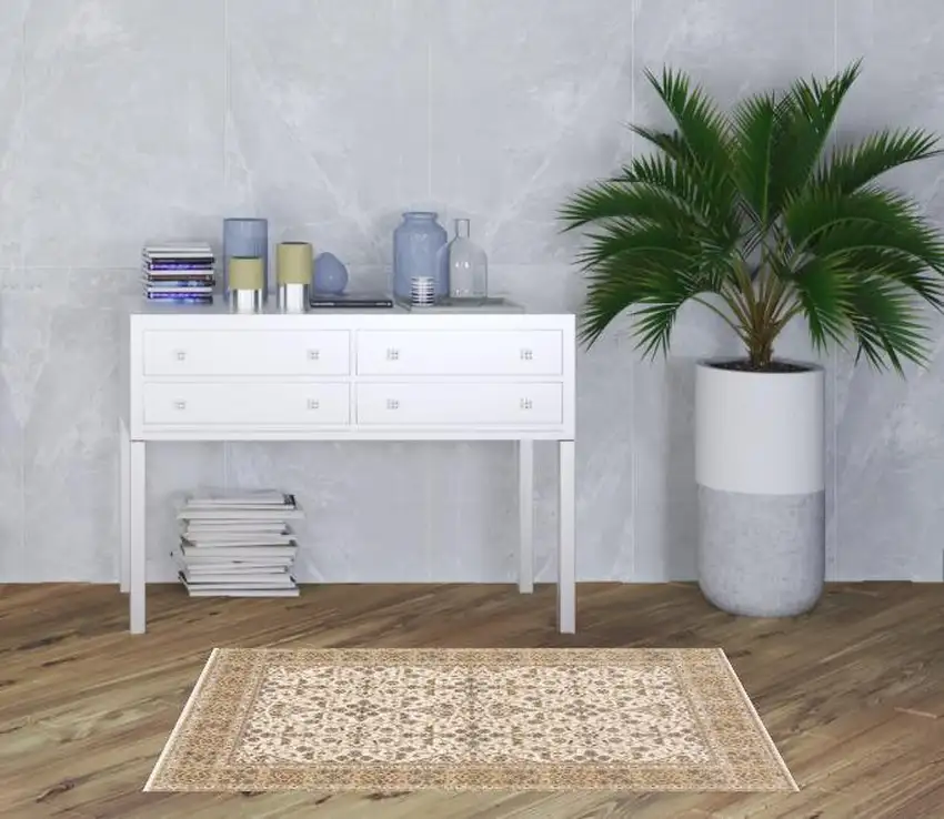 Ivory And Gold Oriental Power Loom Stain Resistant Area Rug With Fringe Photo 2