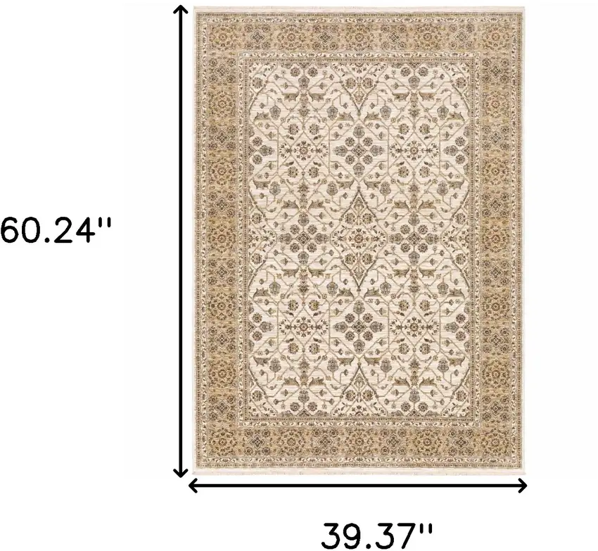 Ivory And Gold Oriental Power Loom Stain Resistant Area Rug With Fringe Photo 3