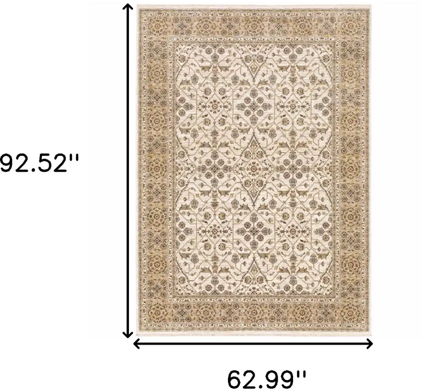 Ivory And Gold Oriental Power Loom Stain Resistant Area Rug With Fringe Photo 3