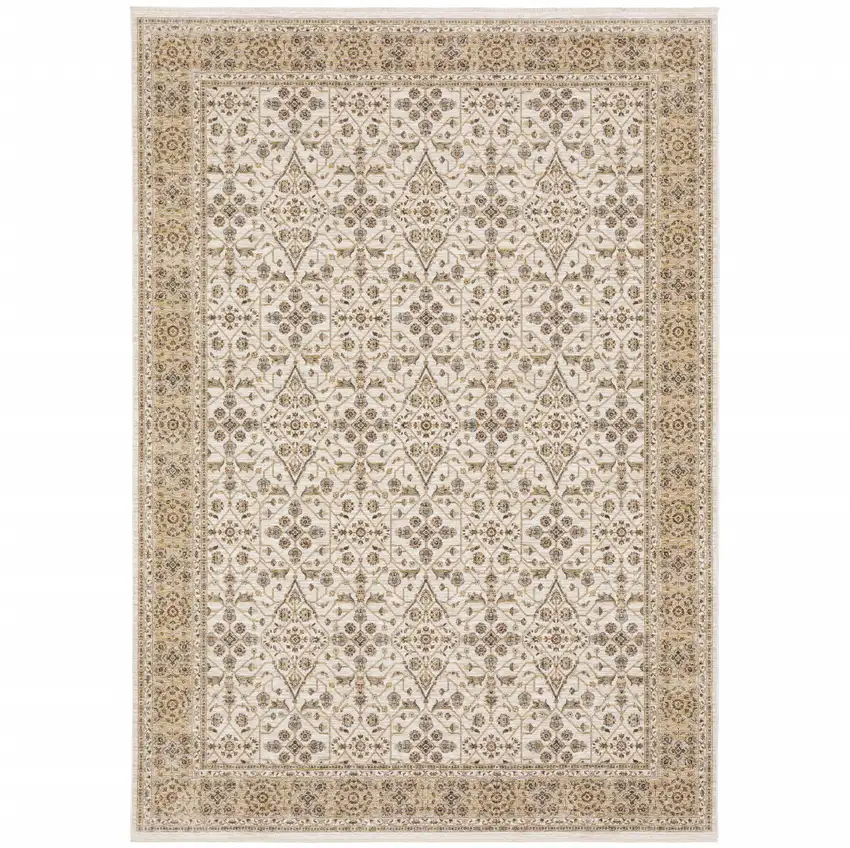 Ivory And Gold Oriental Power Loom Stain Resistant Area Rug With Fringe Photo 1