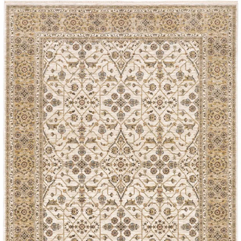 Ivory And Gold Oriental Power Loom Stain Resistant Area Rug With Fringe Photo 3