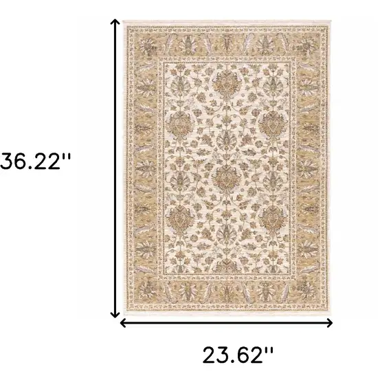 Ivory And Gold Oriental Power Loom Stain Resistant Area Rug With Fringe Photo 3