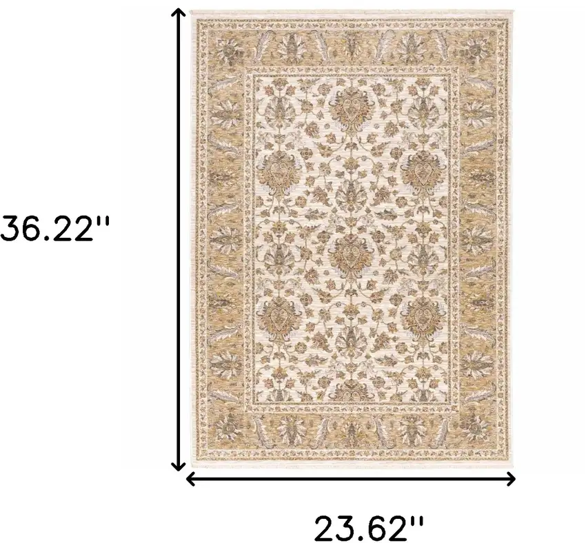 Ivory And Gold Oriental Power Loom Stain Resistant Area Rug With Fringe Photo 3