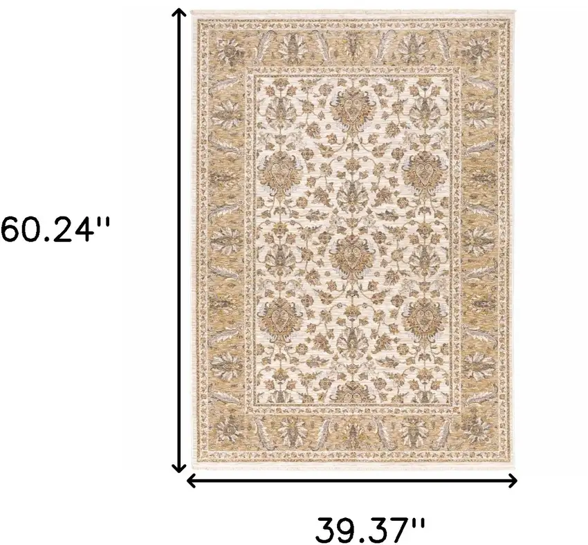 Ivory And Gold Oriental Area Rug With Fringe Photo 3