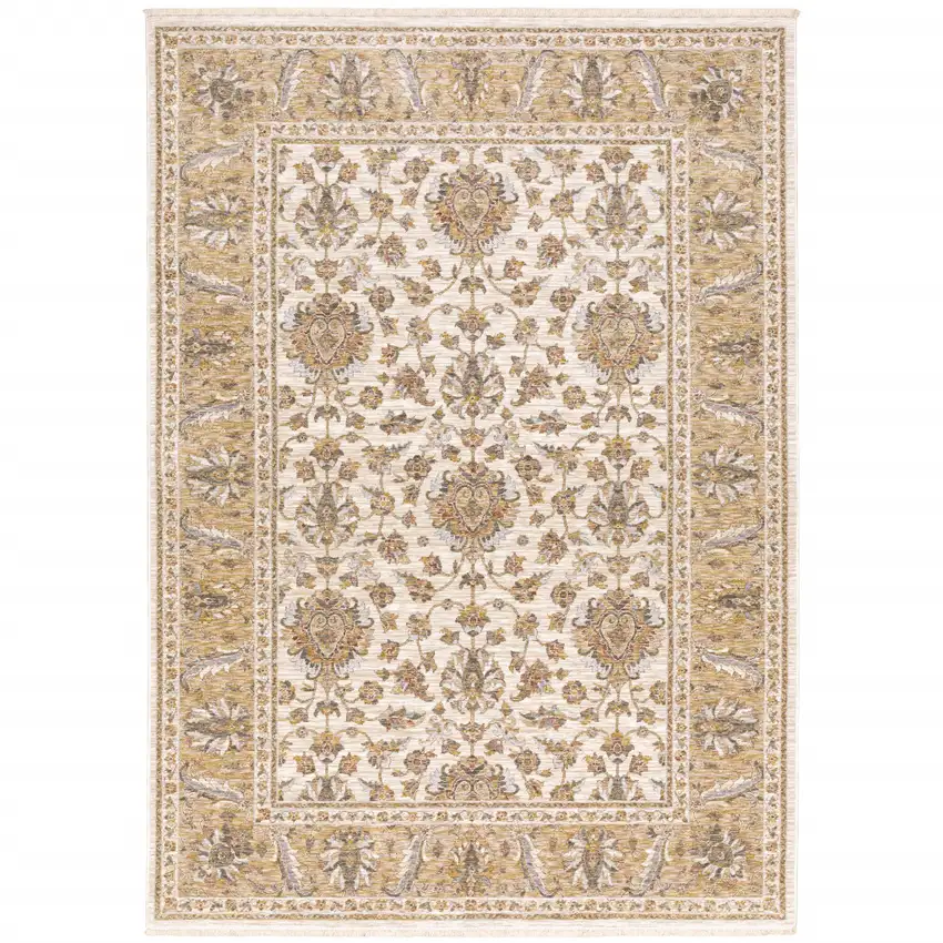 Ivory And Gold Oriental Power Loom Stain Resistant Area Rug With Fringe Photo 6