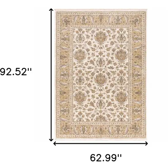 Ivory And Gold Oriental Power Loom Stain Resistant Area Rug With Fringe Photo 3