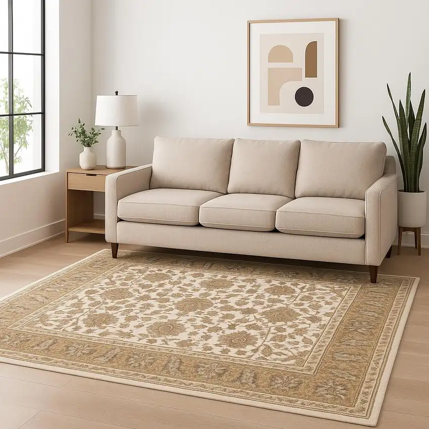 Ivory And Gold Oriental Power Loom Stain Resistant Area Rug With Fringe Photo 1