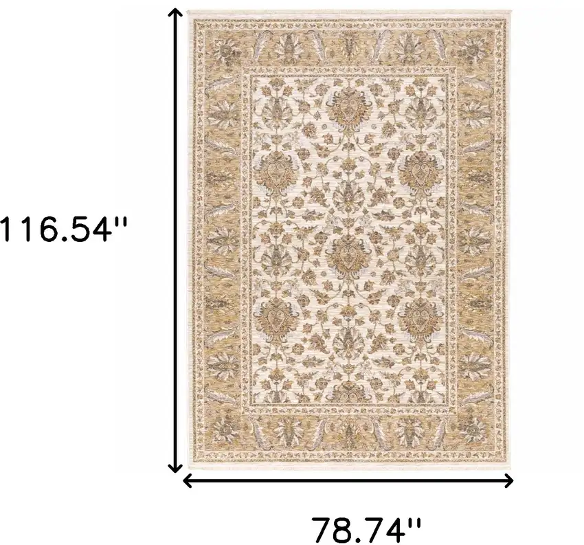 Gold and Ivory Oriental Power Loom Area Rug With Fringe Photo 3